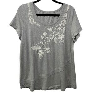 Soft Surroundings Gray Embroidered Floral T-Shirt Women's L Short Sleeve Casual‎